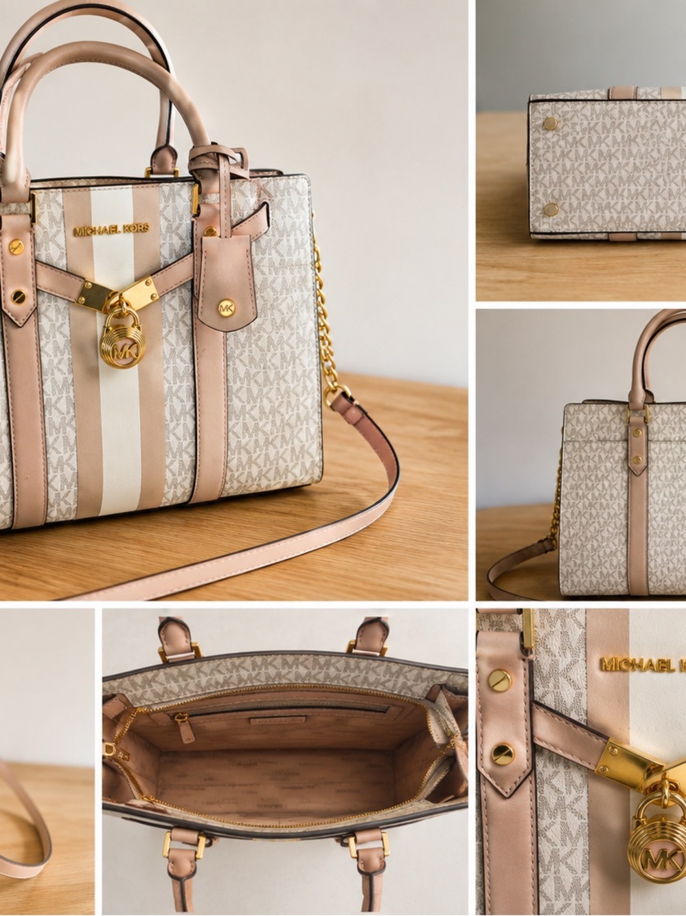 Michael Kors Gray and Cream Signature Satchel with Gold Hardware
